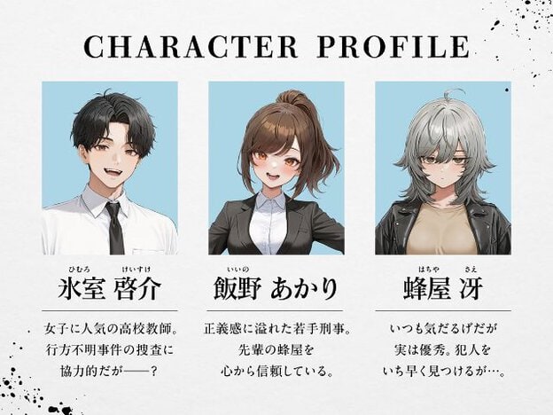 氷室啓介、飯野あかり、蜂屋冴のプロフィールが並ぶ。氷室は歯を見せ、あかりは口を開けて笑い、蜂屋はまぶたを下げて口を閉じている。
